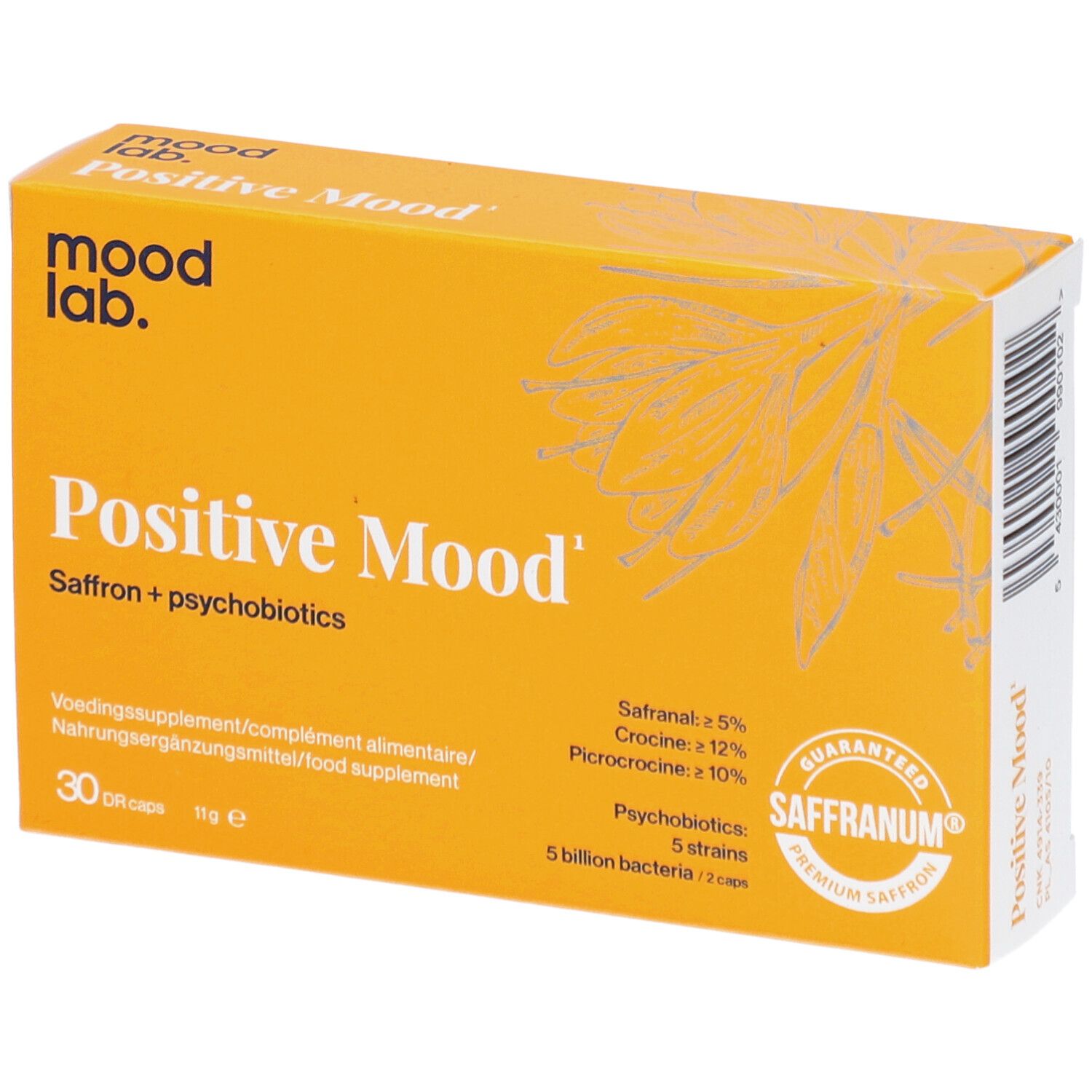 Boîte jaune "Positive Mood" et "mood lab". Contient 30 comprimés. Avec sceau Saffranum.