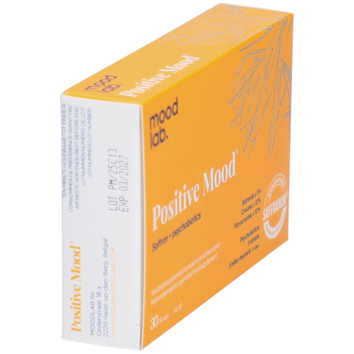 Boîte jaune "Positive Mood" avec "mood lab". Contient 30 comprimés. Sceau Saffranum.
