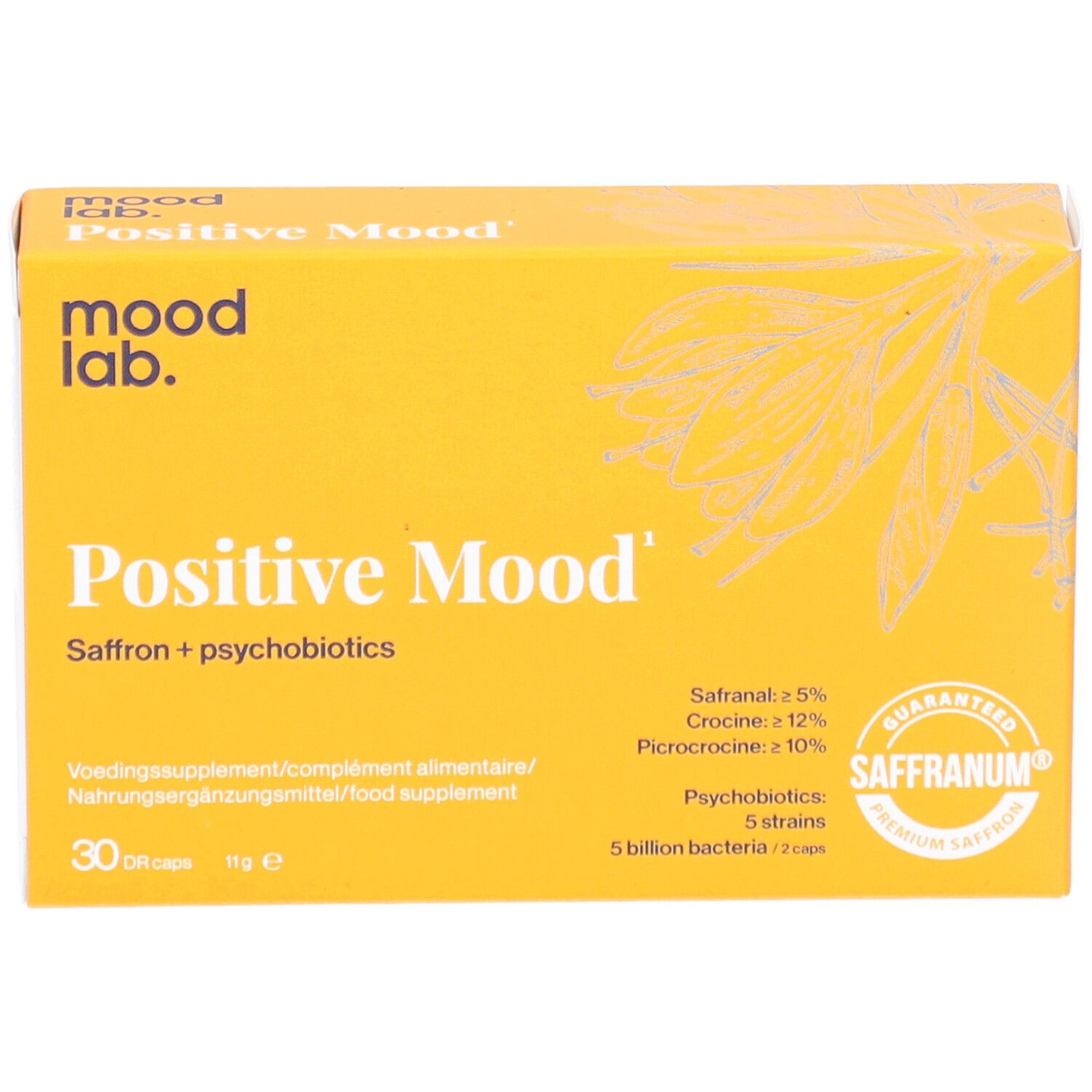 Boîte jaune "Positive Mood" avec "mood lab". Contient 30 comprimés. Sceau Saffranum.