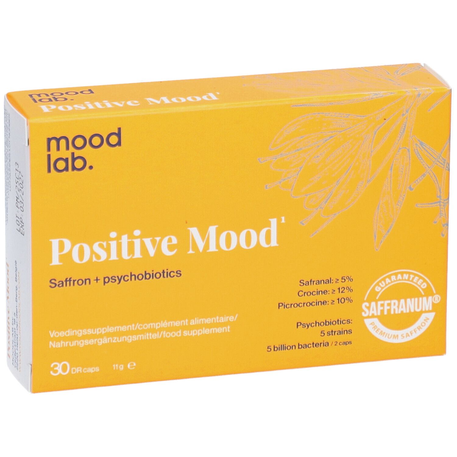 Boîte jaune "Positive Mood" avec "mood lab". Contient 30 comprimés. Sceau Saffranum.