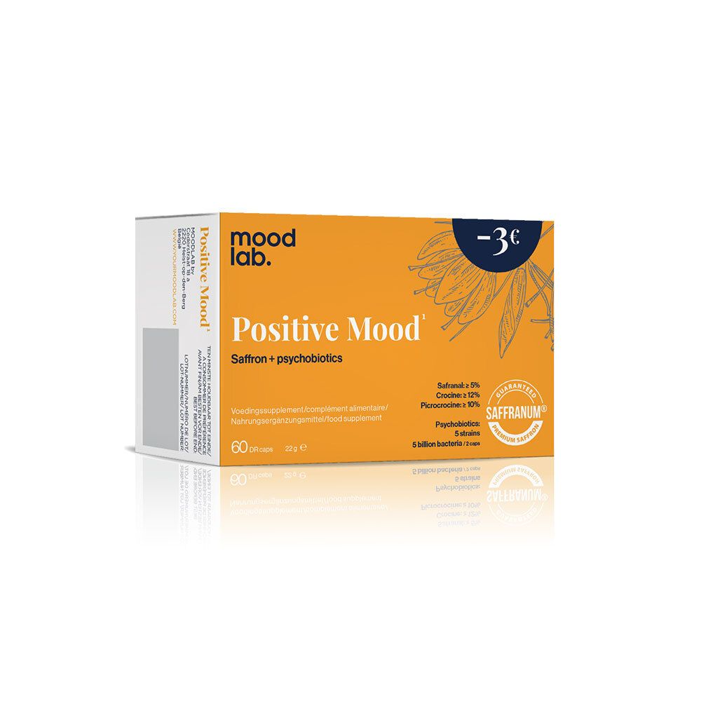 Boîte jaune "Positive Mood", 60 gélules. Certification Saffranum. Autocollant promo.