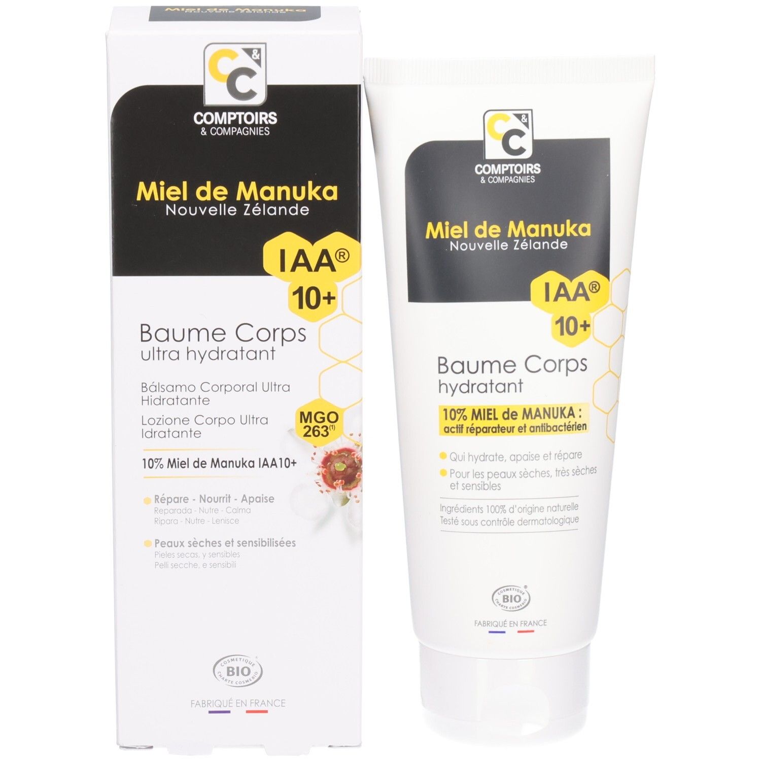Produktverpackung und Tube. Text: Miel de Manuka, IAA 10+, Baume Corps ultra hydratant. Bio-Siegel.