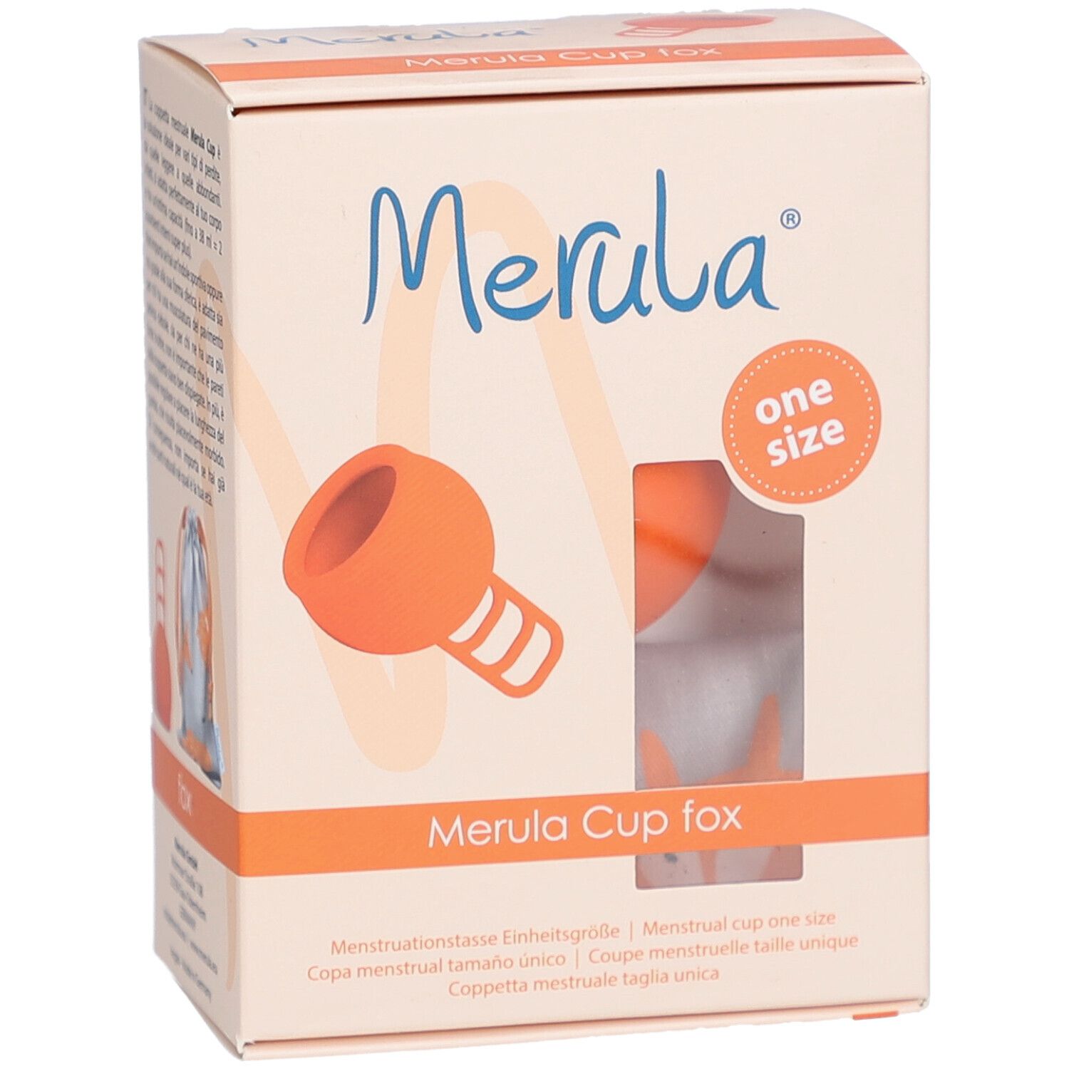 Verpackung Merula Cup fox. Orangefarbene Menstruationstasse sichtbar. Text: One Size.