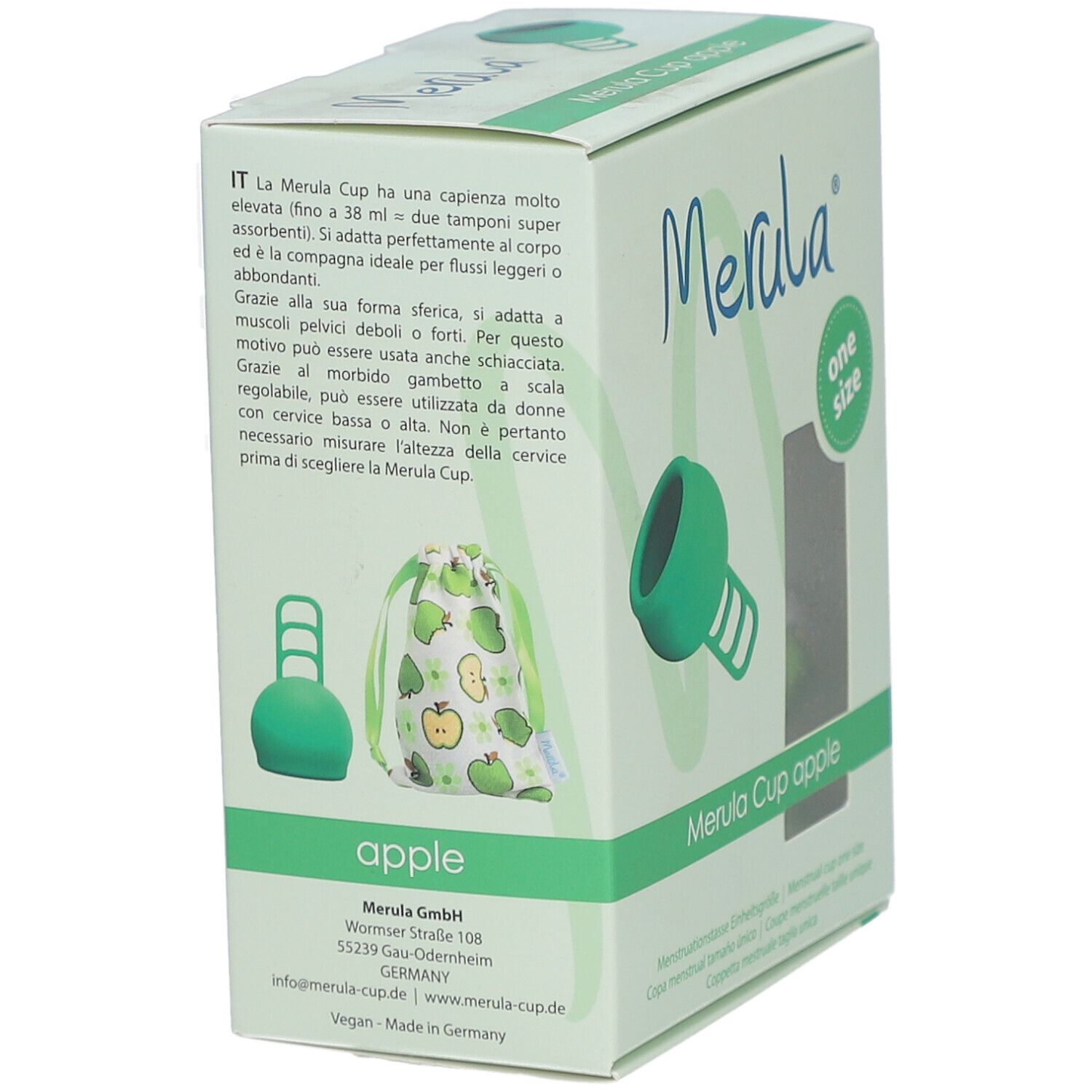 Verpackung mit grüner Menstruationstasse und Beutel. Aufschrift: Merula Cup apple.