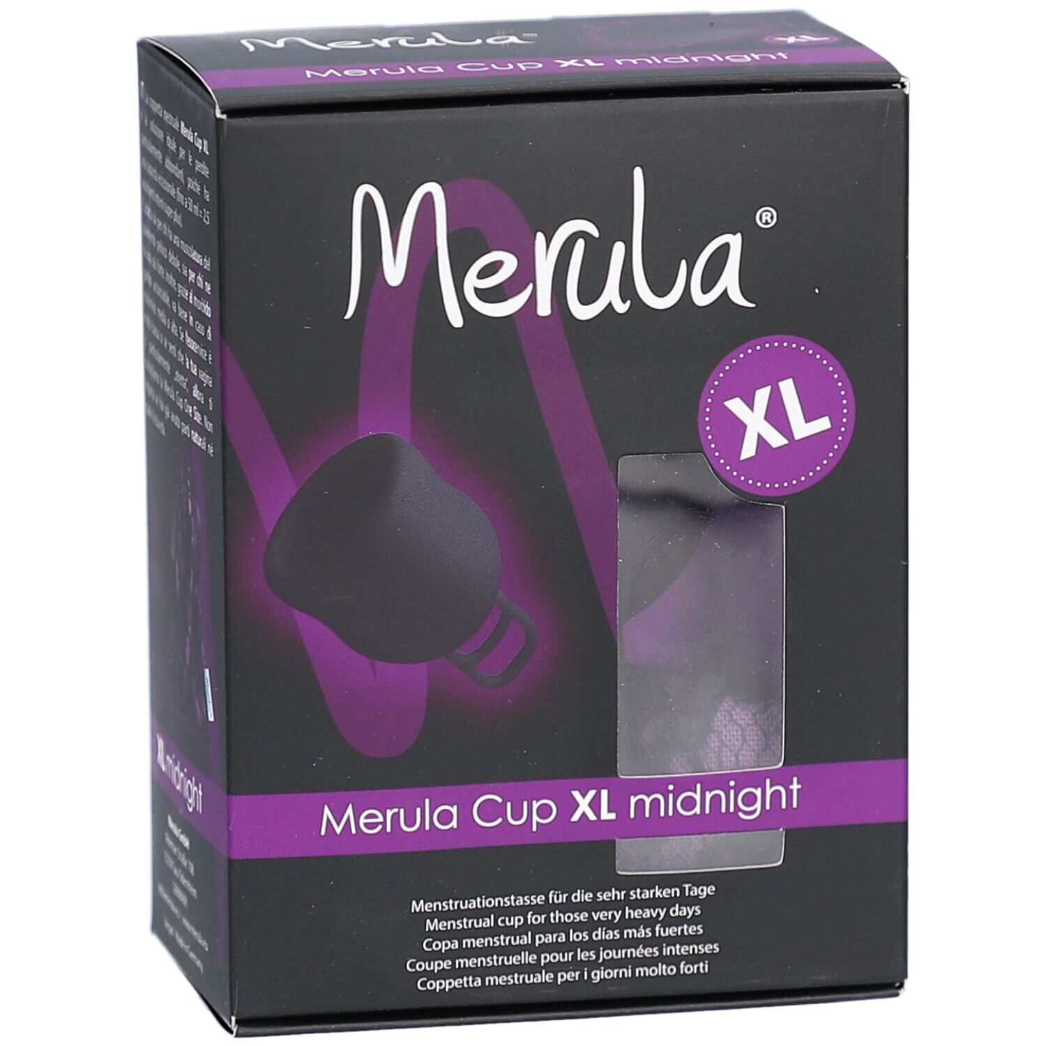 Schwarze Produktverpackung mit Produktabbildung und Text. Enthält eine Menstruationstasse XL.