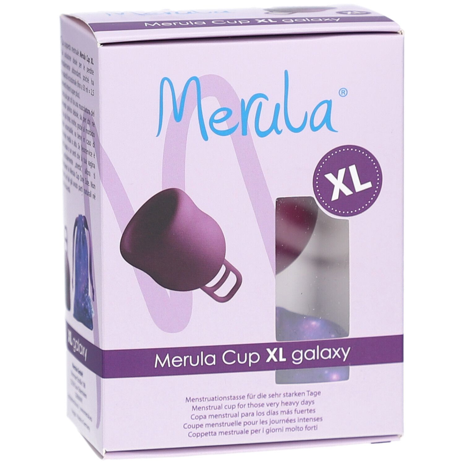 Verpackung Merula Cup XL galaxy. Lila Menstruationstasse, XL-Größe. Sichtfenster mit Produktabbildung.