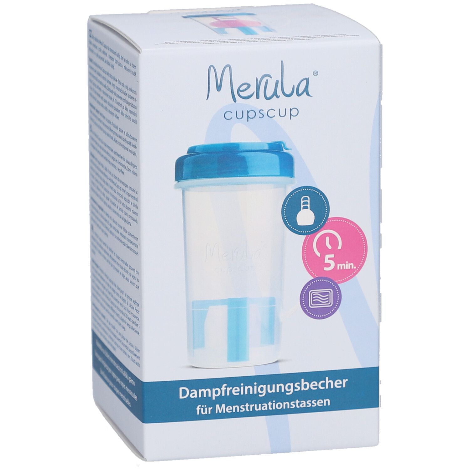 Produktverpackung, Frontansicht. Aufschrift: Merula cupscup, Dampfreinigungsbecher für Menstruationstassen. Becher mit blauem Deckel.