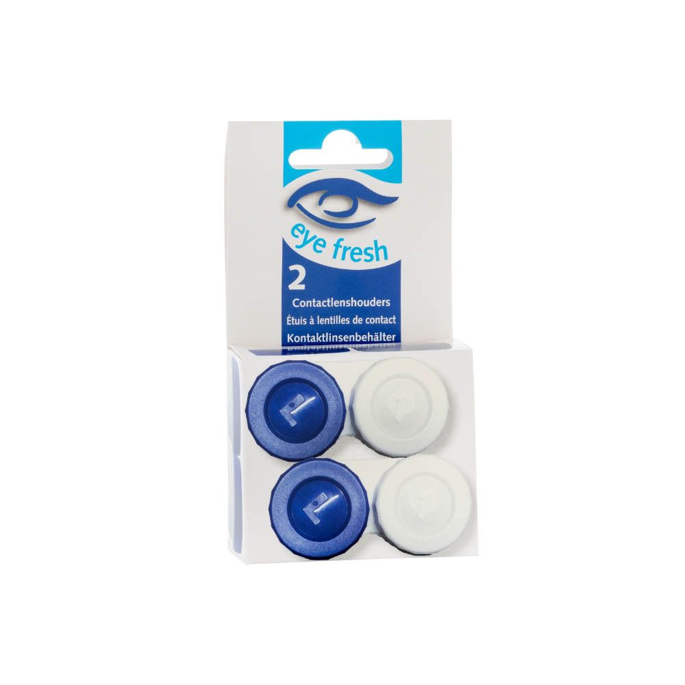 Verpackung mit zwei Kontaktlinsenbehältern. Blaue und weiße Deckel. Marke: Eye Fresh.