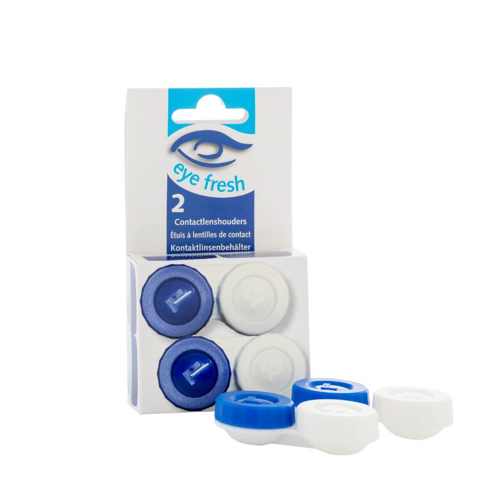 Verpackung mit zwei Kontaktlinsenbehältern. Blaue und weiße Deckel. Marke: Eye Fresh.