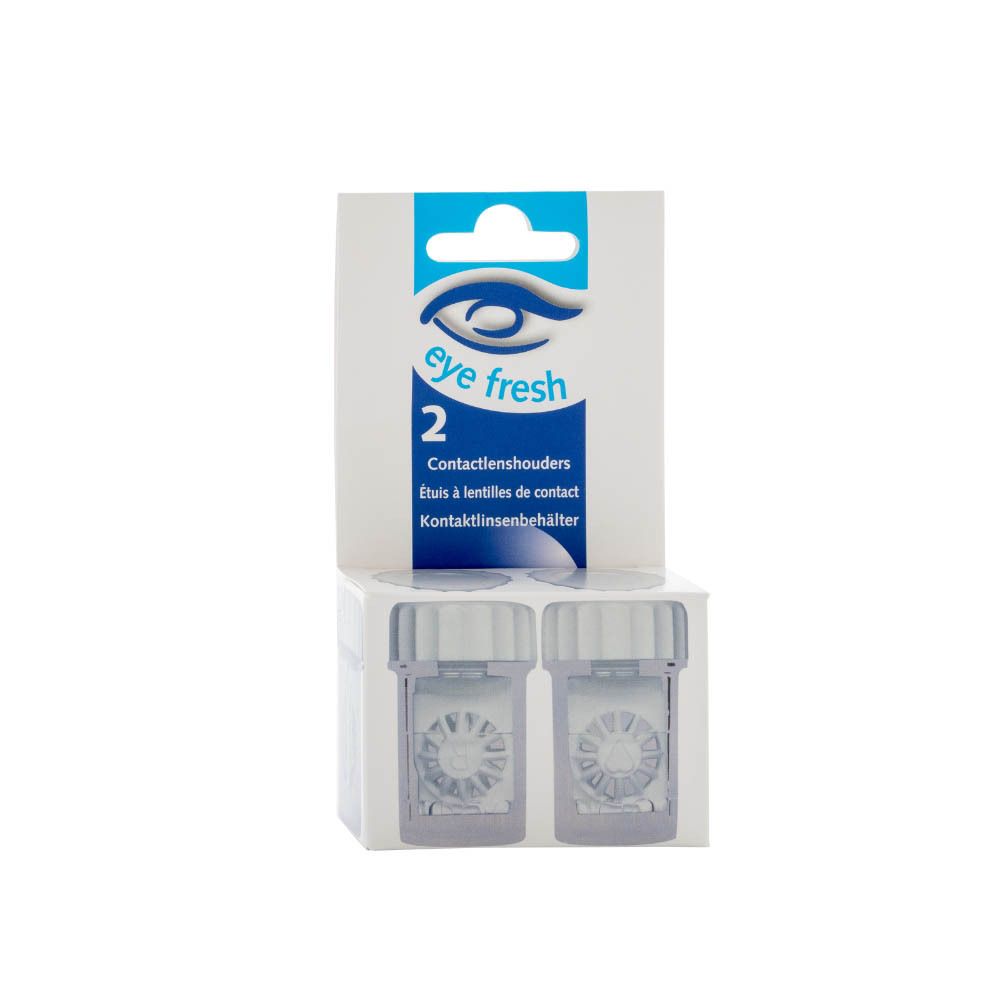 Kontaktlinsenbehälter-Duo. Zwei transparente Behälter mit Deckel in einer Verpackung. Marke: eye fresh.