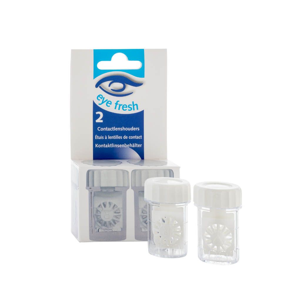 Kontaktlinsenbehälter-Duo. Zwei transparente Behälter mit Deckel in einer Verpackung. Marke: eye fresh.