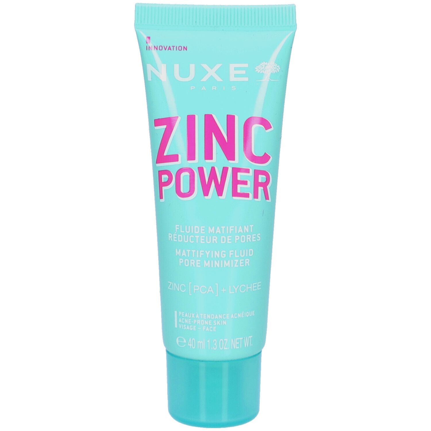 Türkisfarbene Tube mit rosa Schriftzug ZINC POWER. Text: Fluide Matifiant Reducteur De Pores, Mattifying Fluid Pore Minimizer. Marke NUXE.