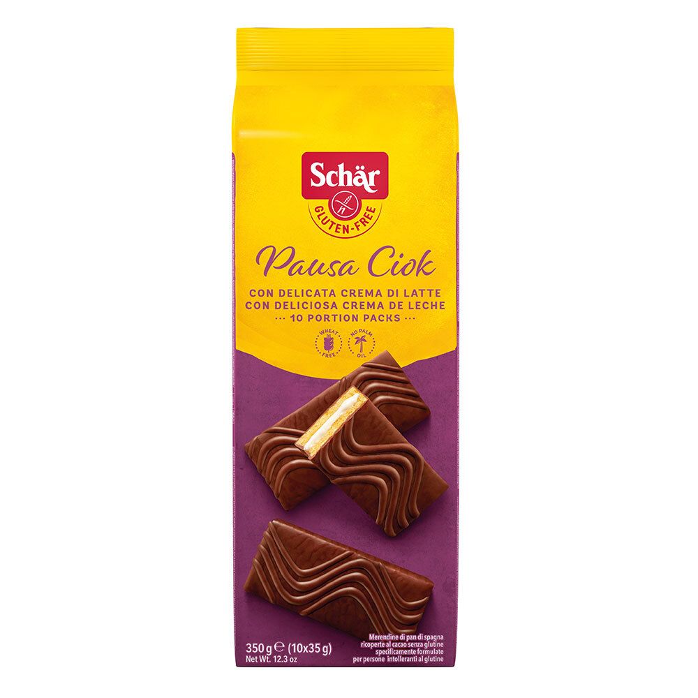 Paquet Schär Pausa Ciok sans gluten. Fond jaune-violet. Image du produit. Texte : Pausa Ciok, sans gluten, 10 portions. 350g.