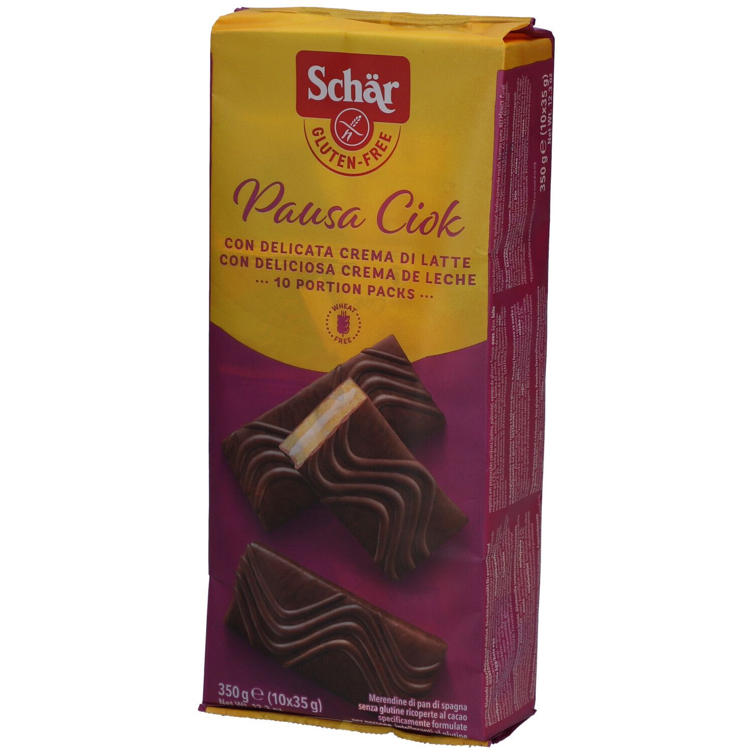 Verpackung von Schär Pausa Ciok glutenfrei. Gelb-lila Hintergrund. Produktabbildung. Text: Pausa Ciok, glutenfrei, 10 Portionen.