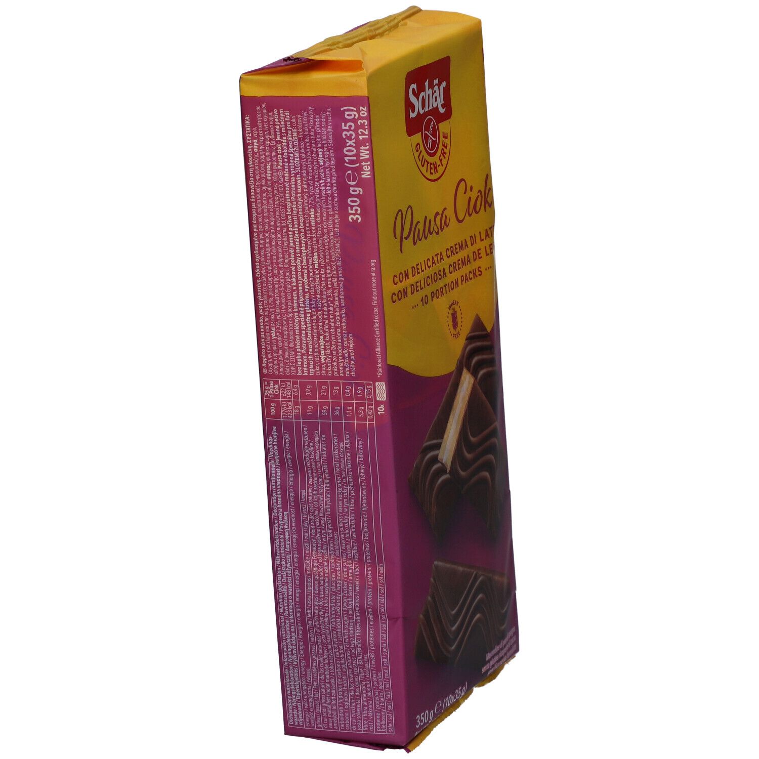 Schrägansicht der Schär Pausa Ciok glutenfrei Verpackung. Gelb-lila. Text und Produktabbildung. Glutenfrei-Logo. 350g (10x35g).