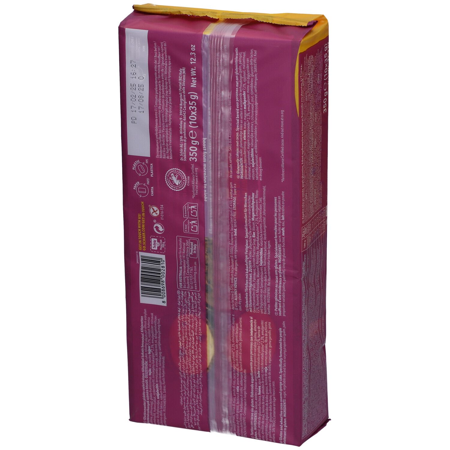 Rückseite der Schär Pausa Ciok glutenfrei Verpackung. Lila Hintergrund. Text. Glutenfrei-Logo. 350g (10x35g).