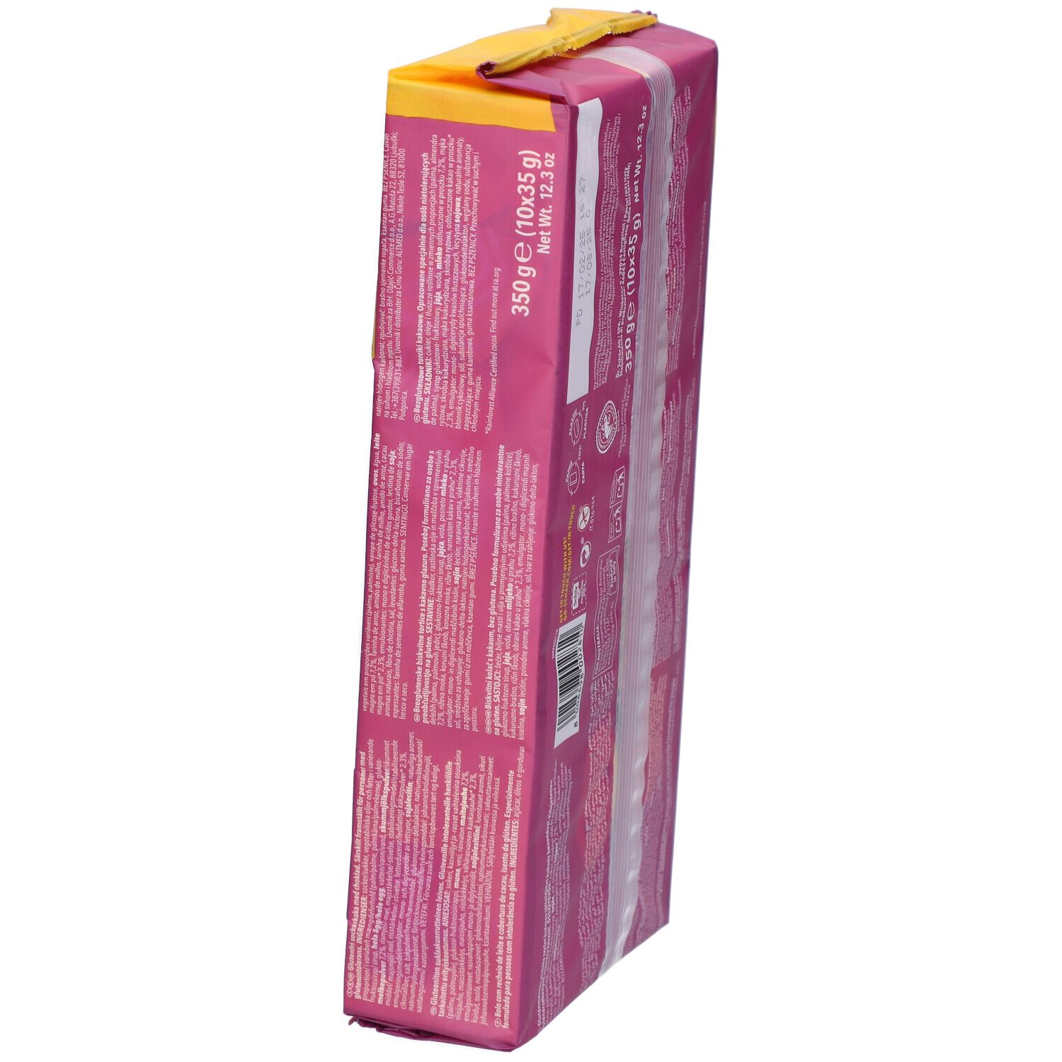Schrägansicht der Rückseite der Schär Pausa Ciok glutenfrei Verpackung. Lila Hintergrund. Text. 350g (10x35g).