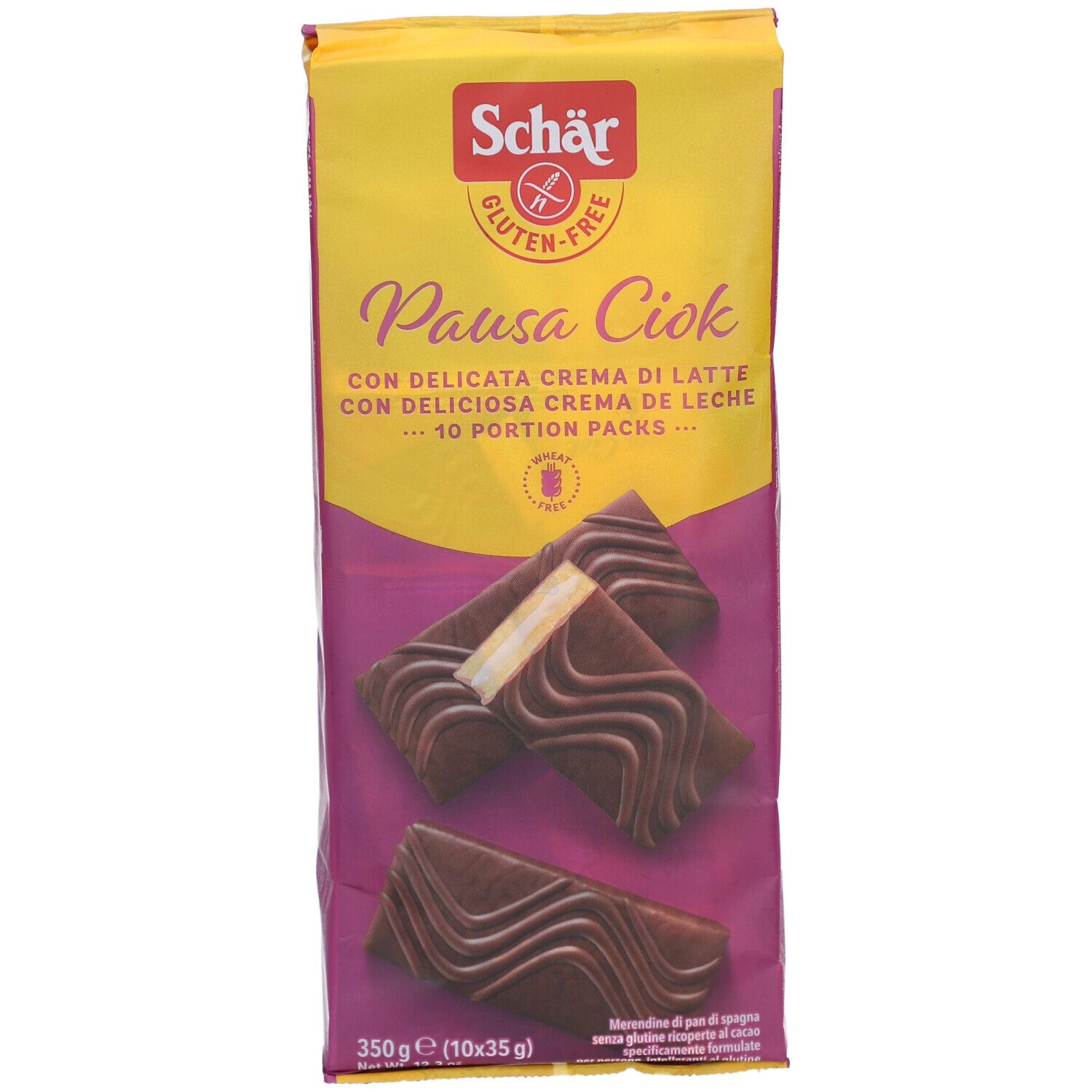 Schär Pausa Ciok glutenfrei Verpackung. Gelb-lila Hintergrund. Produktabbildung. Text: Pausa Ciok, glutenfrei, 10 Portionen.