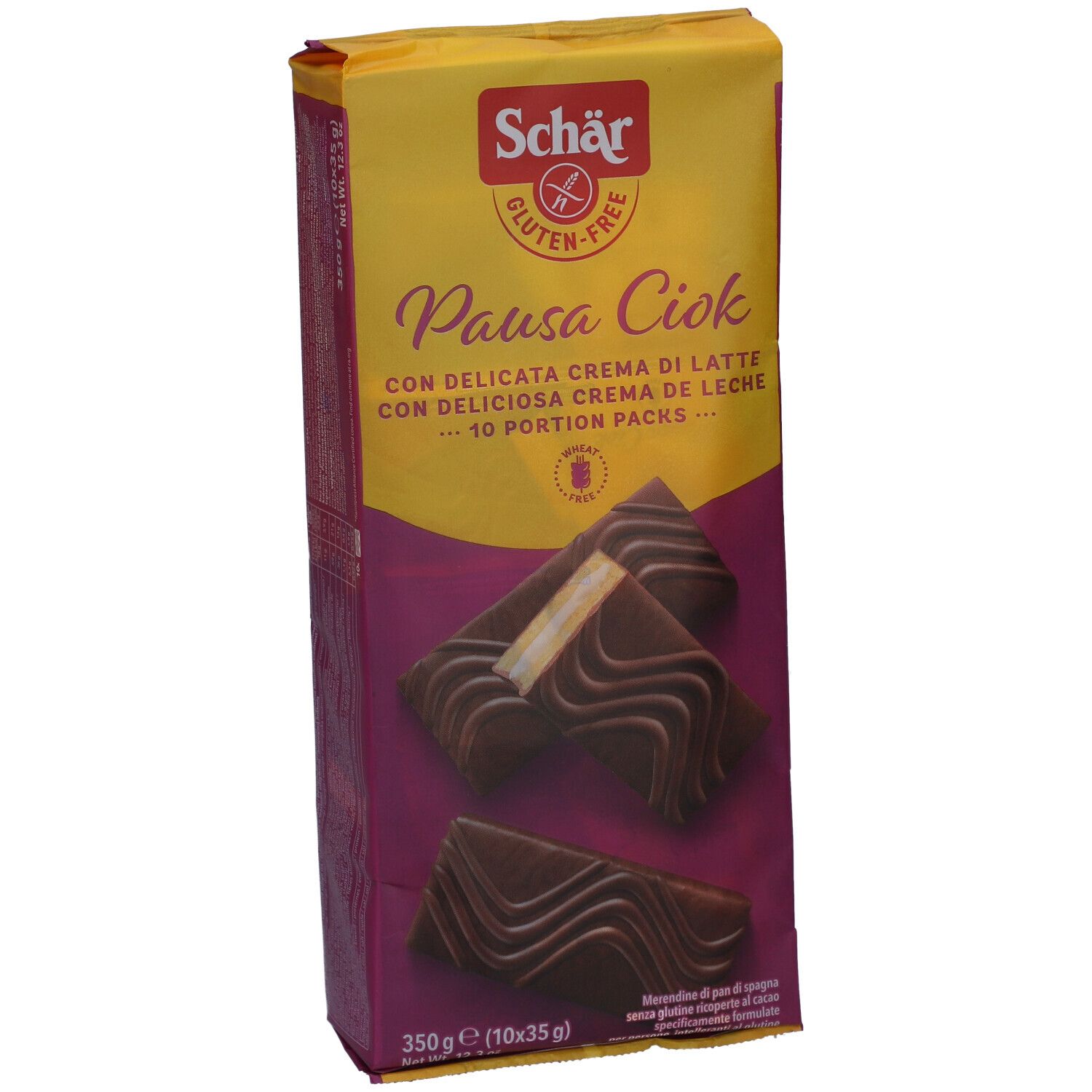 Schrägansicht der Schär Pausa Ciok glutenfrei Verpackung. Gelb-lila Hintergrund. Produktabbildung. Text: Pausa Ciok, glutenfrei, 10 Portionen.