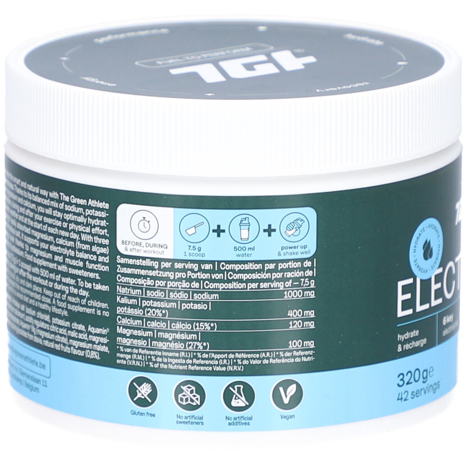Runder Behälter mit Deckel. Rückseite mit Nährwertangaben. THE GREEN ATHLETE ELECTROLYTES. 320g, 42 Portionen. Vegan.