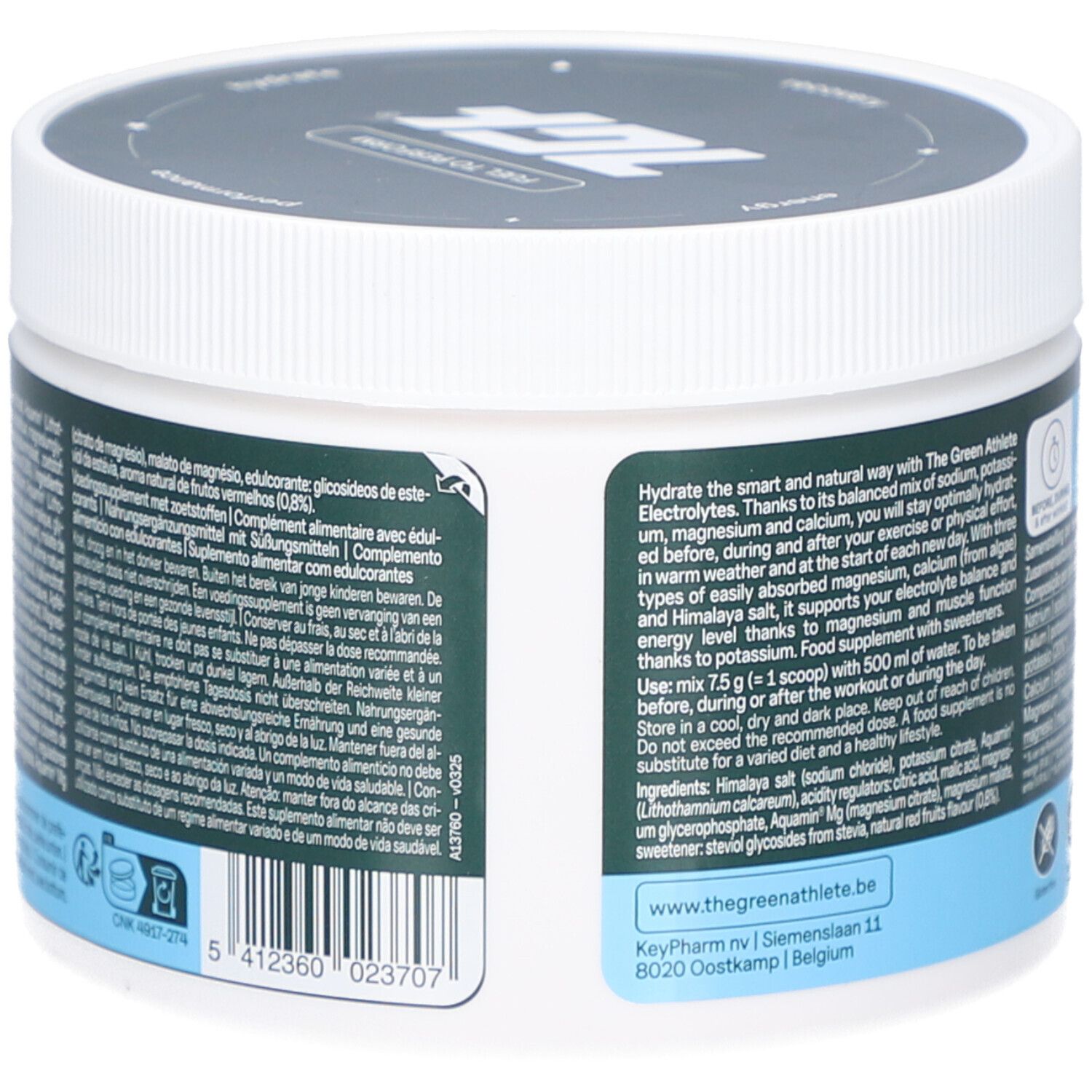 Runder Behälter mit Deckel. Text: THE GREEN ATHLETE ELECTROLYTES. Zutatenliste. 320g, 42 Portionen. Vegan.