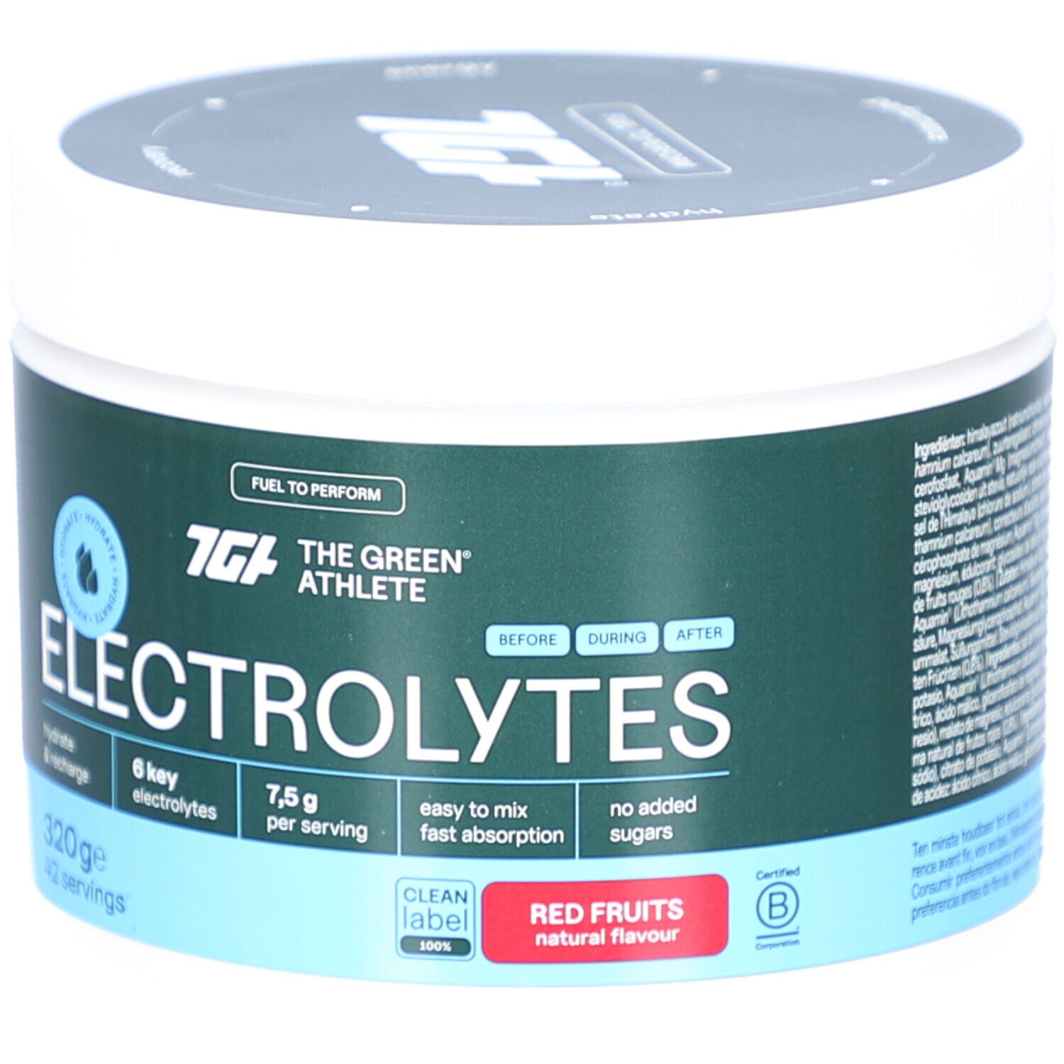 Runder Behälter mit Deckel. Aufschrift: THE GREEN ATHLETE ELECTROLYTES. Rote Früchte. 320g, 42 Portionen.