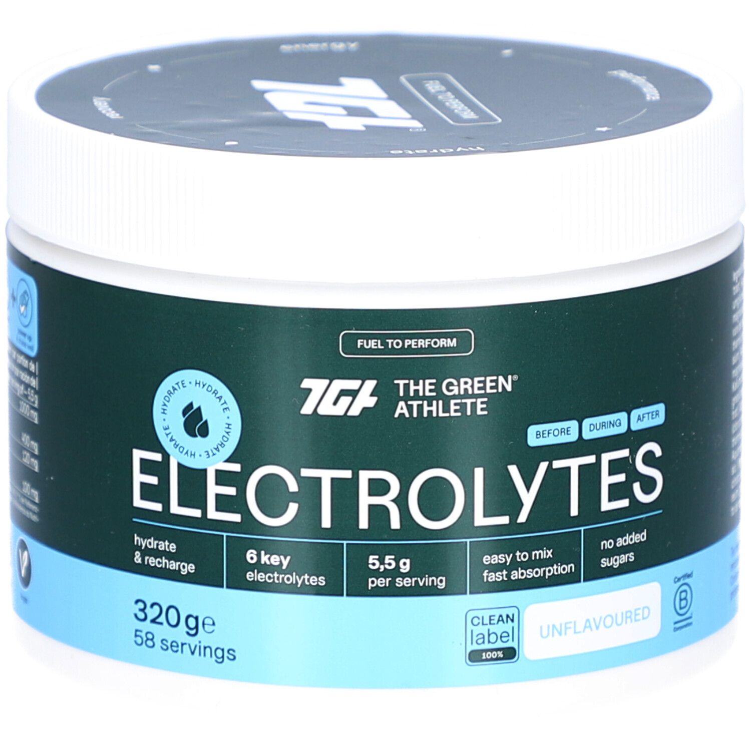 Behälter mit Elektrolyten. Aufschrift: The Green Athlete, Elektrolyte, 6 Elektrolyte, 5,5 g pro Portion, 320 g, 58 Portionen.