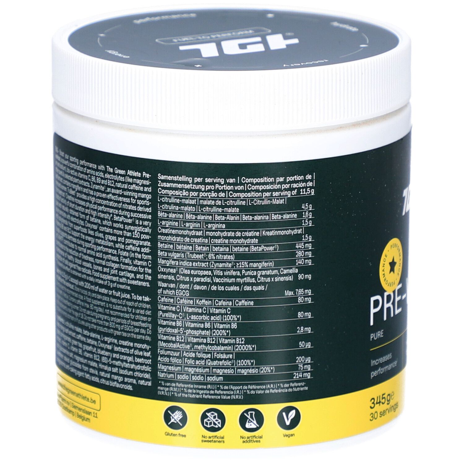 Grüner Behälter mit weißem Deckel. Nährwertangaben. Aufschrift: PRE-WORKOUT, 345g, 30 Portionen.