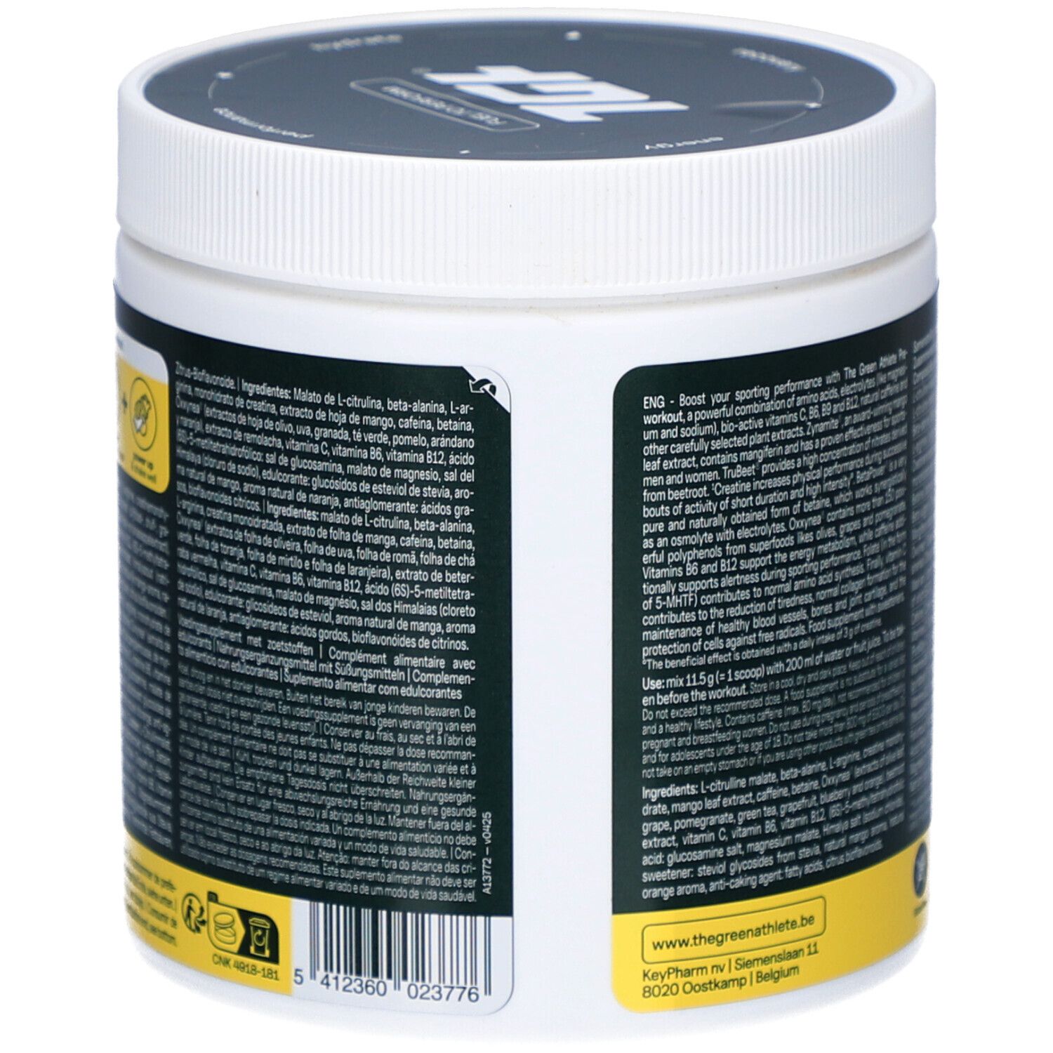 Grüner Behälter mit weißem Deckel. Zutatenliste. Aufschrift: PRE-WORKOUT, 345g, 30 Portionen.