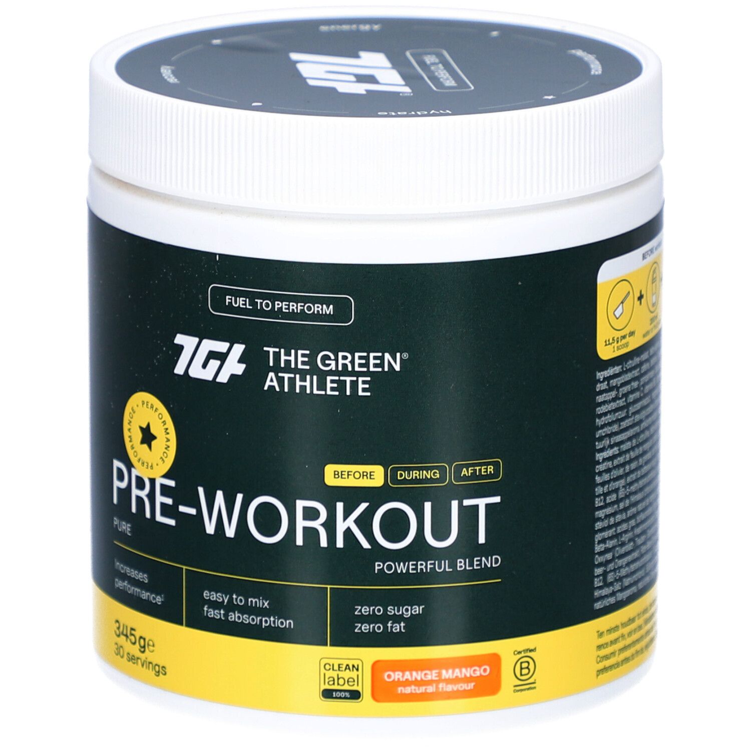Grüner Behälter mit weißem Deckel. Aufschrift: PRE-WORKOUT, 345g, 30 Portionen. Orange Mango.