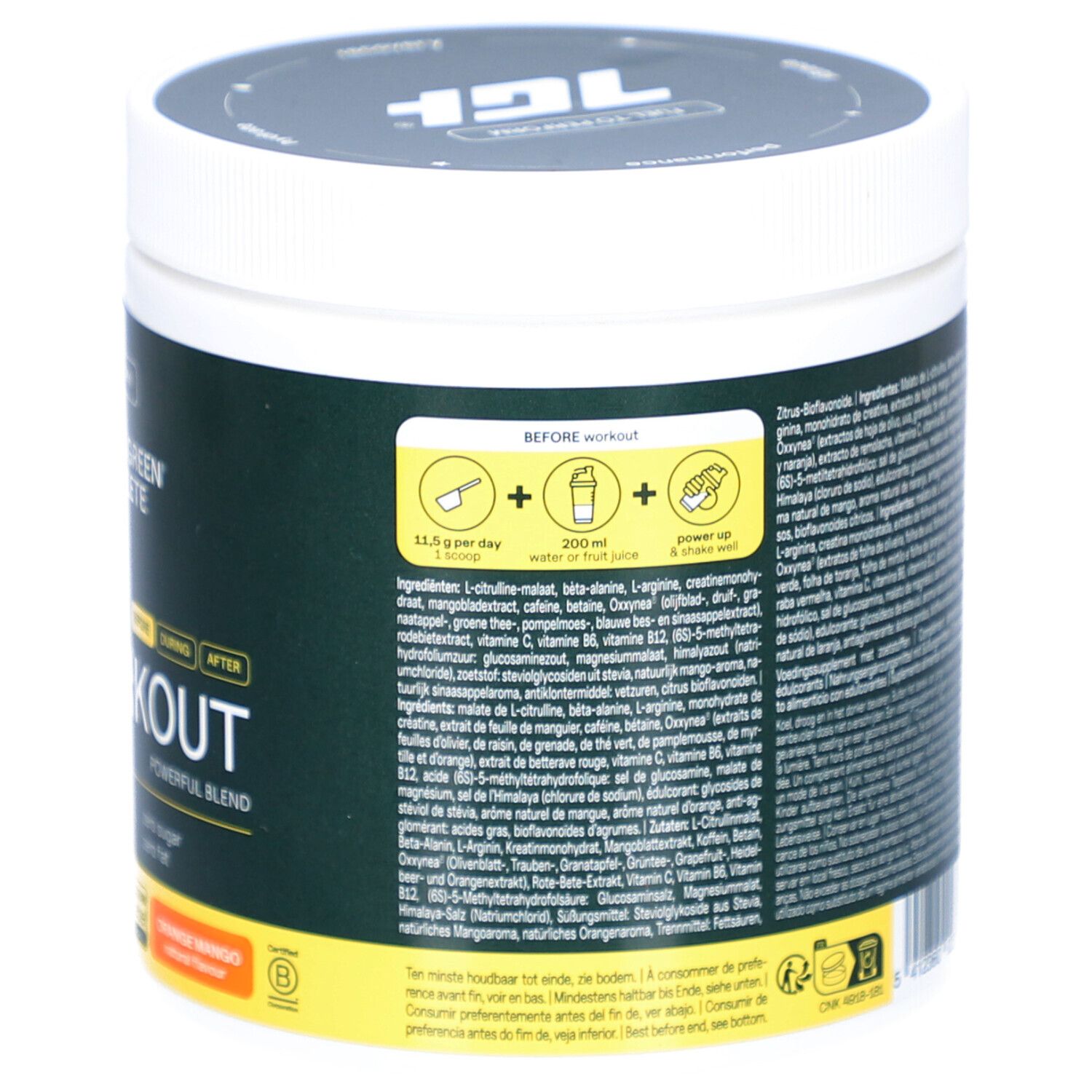 Grüner Behälter mit weißem Deckel. Zutatenliste und Anwendungshinweise. Aufschrift: PRE-WORKOUT.