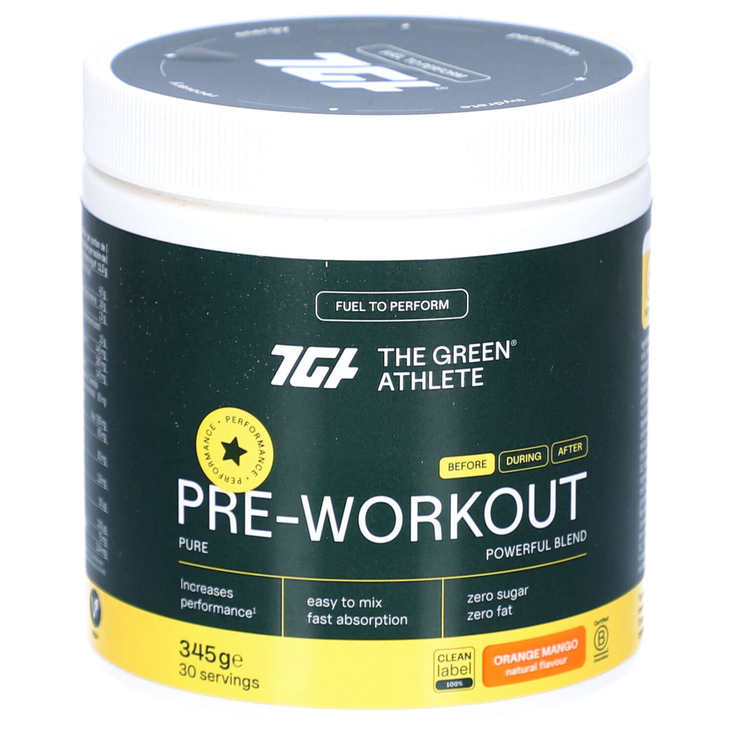 Grüner Behälter mit weißem Deckel. Aufschrift: PRE-WORKOUT, 345g, 30 Portionen. Orange Mango.