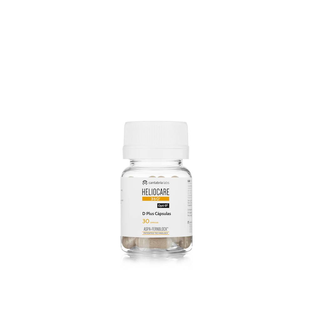 Fles Heliocare 360° D Plus Capsules. 30 capsules. Witte achtergrond.