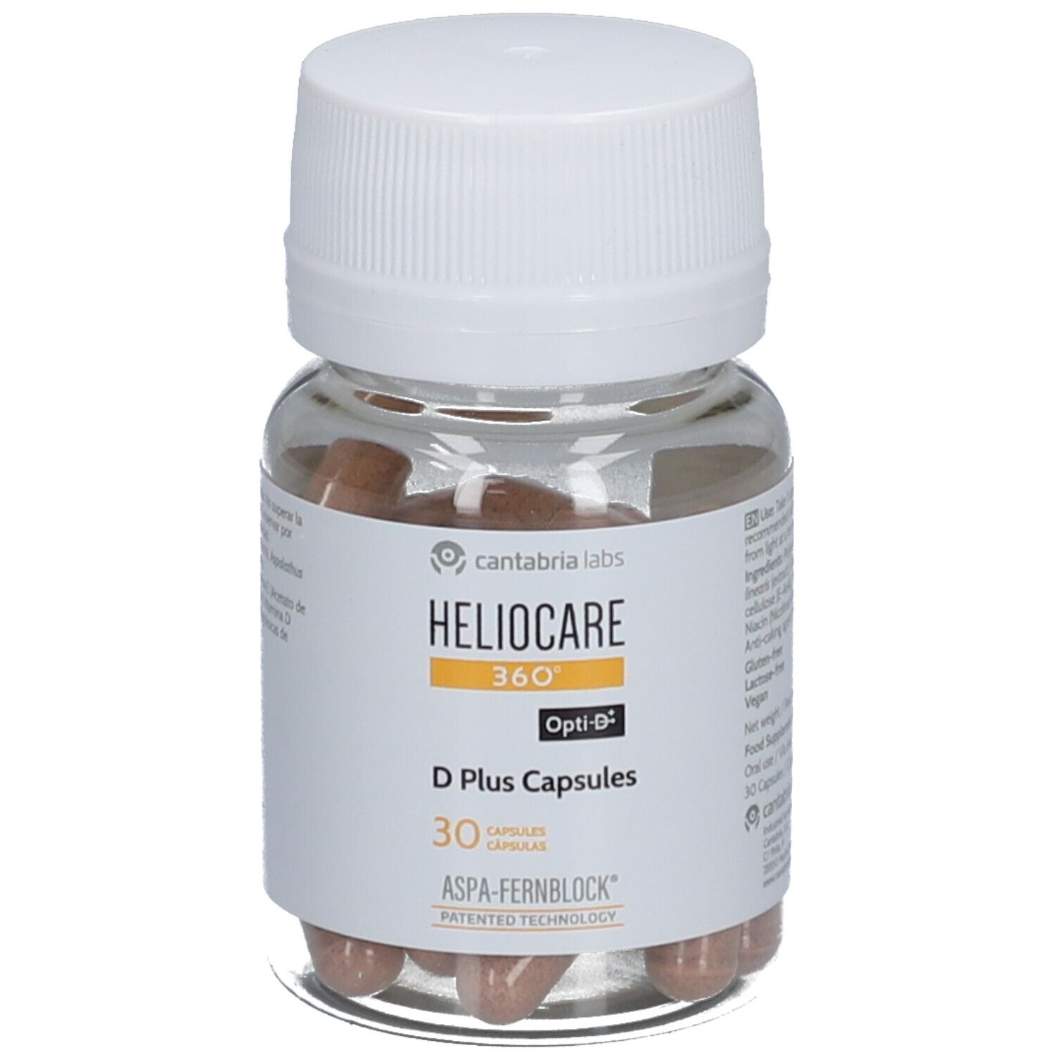 Transparante fles Heliocare 360° D Plus Capsules met witte dop. Bevat 30 capsules.
