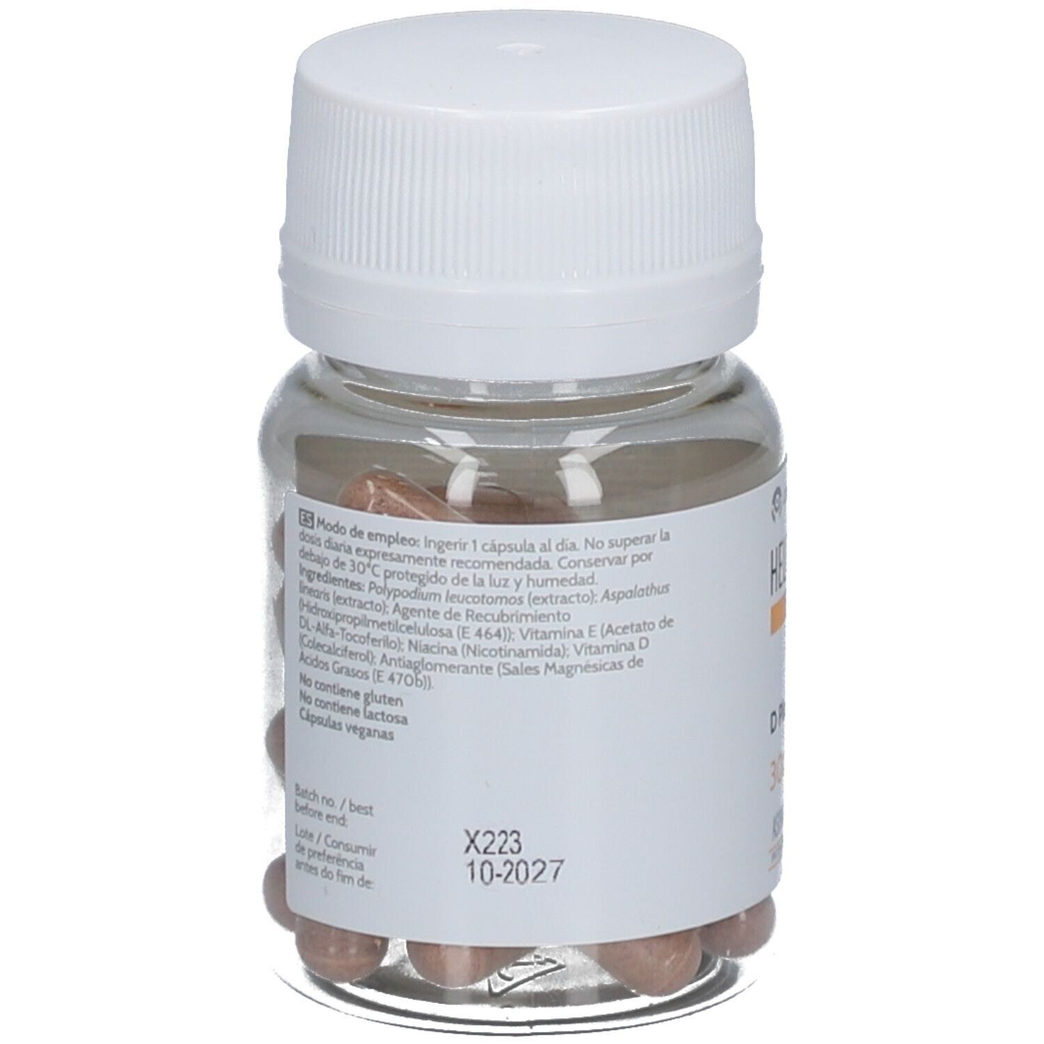 Achterkant van de fles Heliocare 360° D Plus Capsules. Bevat informatie en ingrediënten.