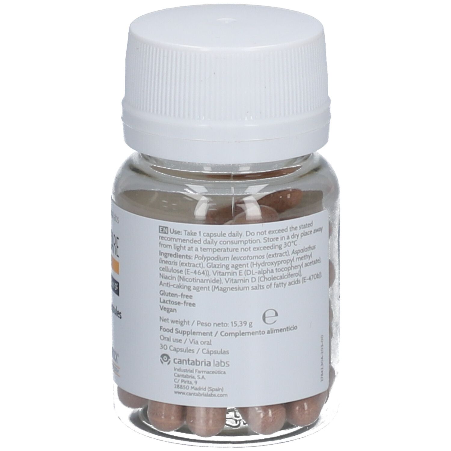 Achterkant van de fles Heliocare 360° D Plus Capsules. Bevat informatie en ingrediënten.