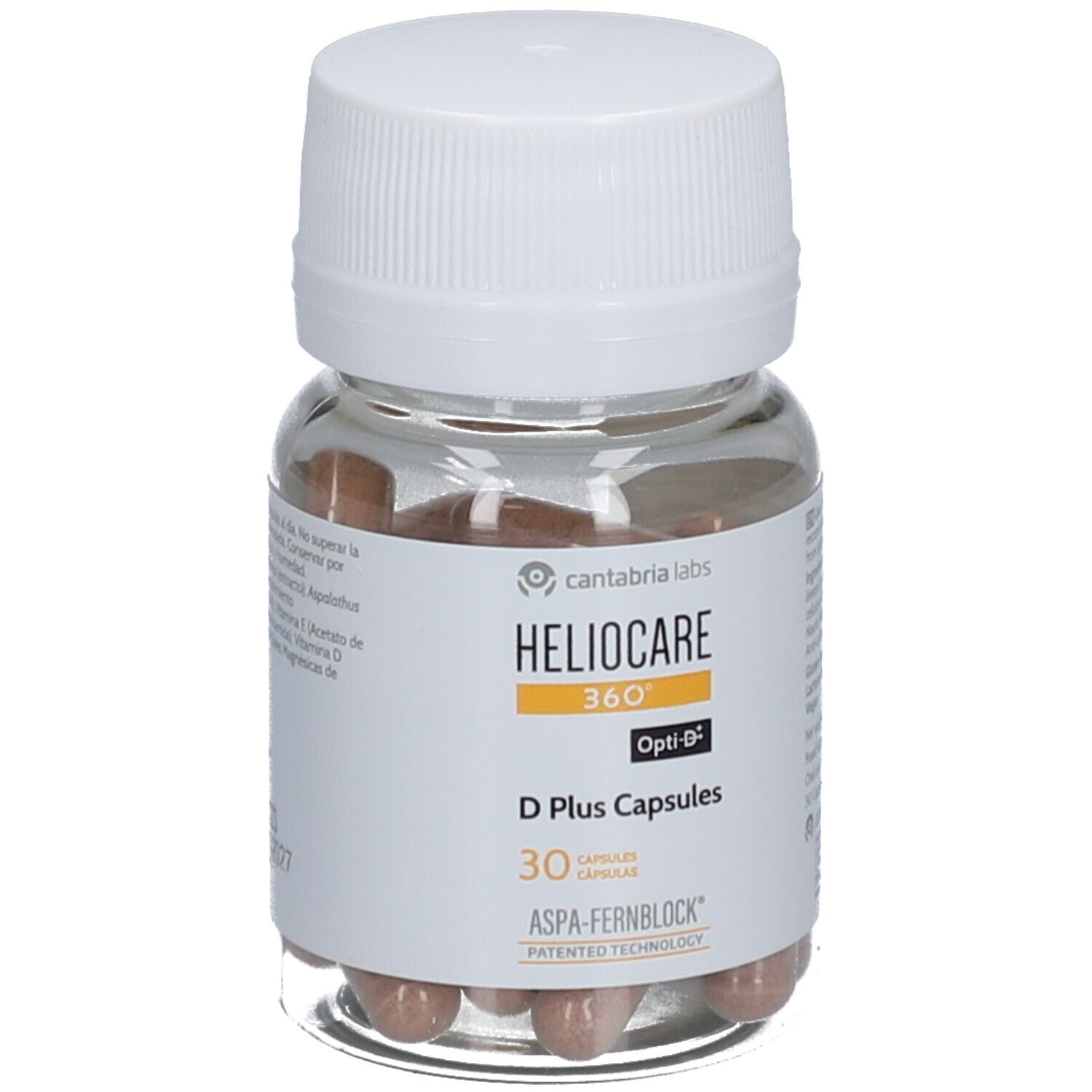 Transparante fles Heliocare 360° D Plus Capsules met witte dop. 30 capsules.