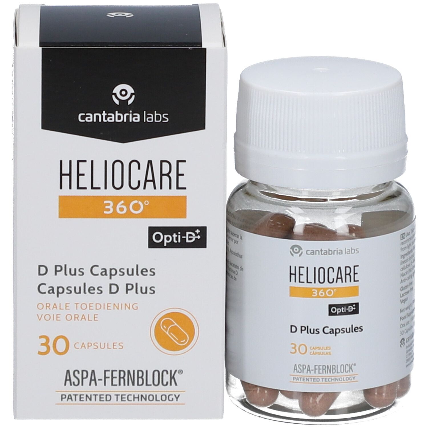 Fles en doos Heliocare 360° D Plus Capsules. 30 capsules. Zwarte doos.