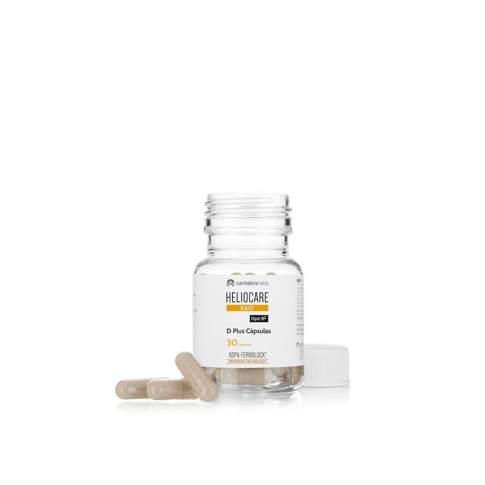 Fles Heliocare 360° D Plus Capsules met drie capsules. Witte achtergrond.