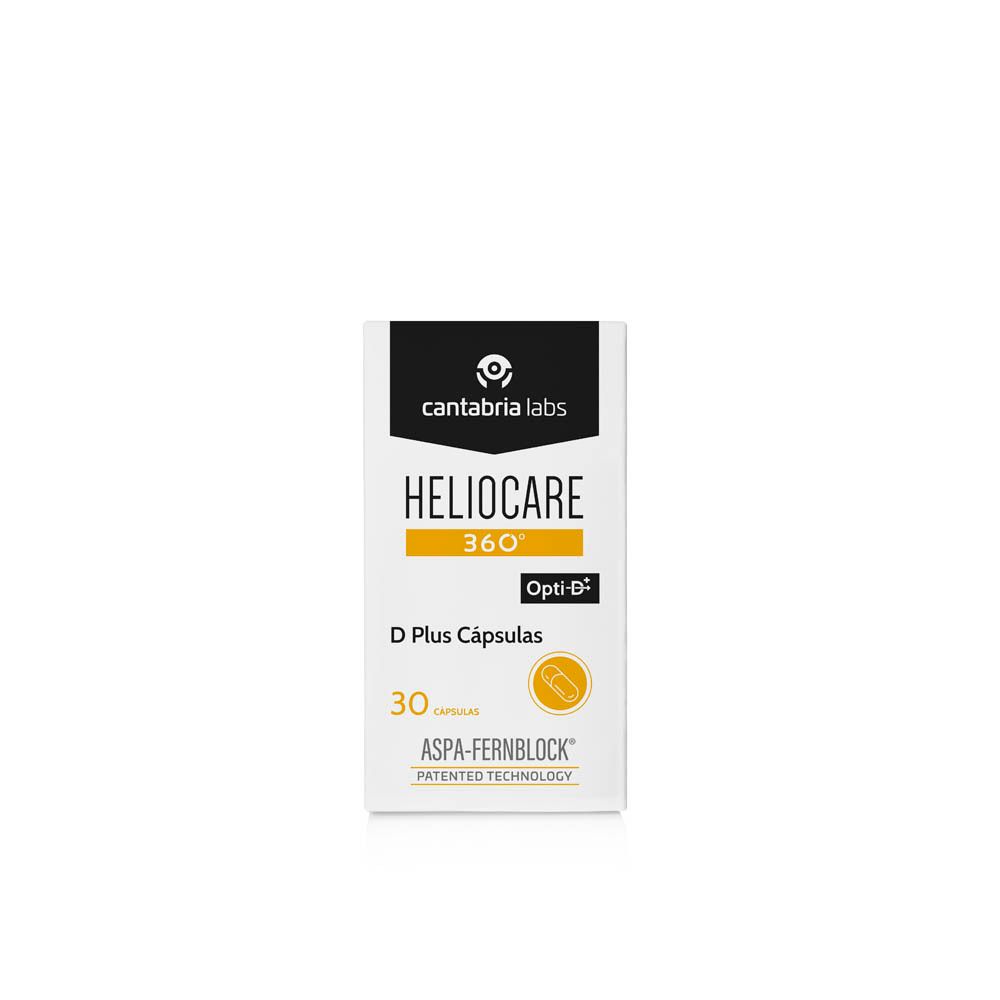 Doos Heliocare 360° D Plus Capsules. 30 capsules. Witte achtergrond.