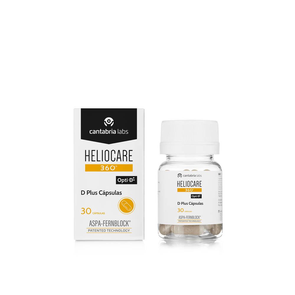 Fles en doos Heliocare 360° D Plus Capsules. 30 capsules. Witte achtergrond.