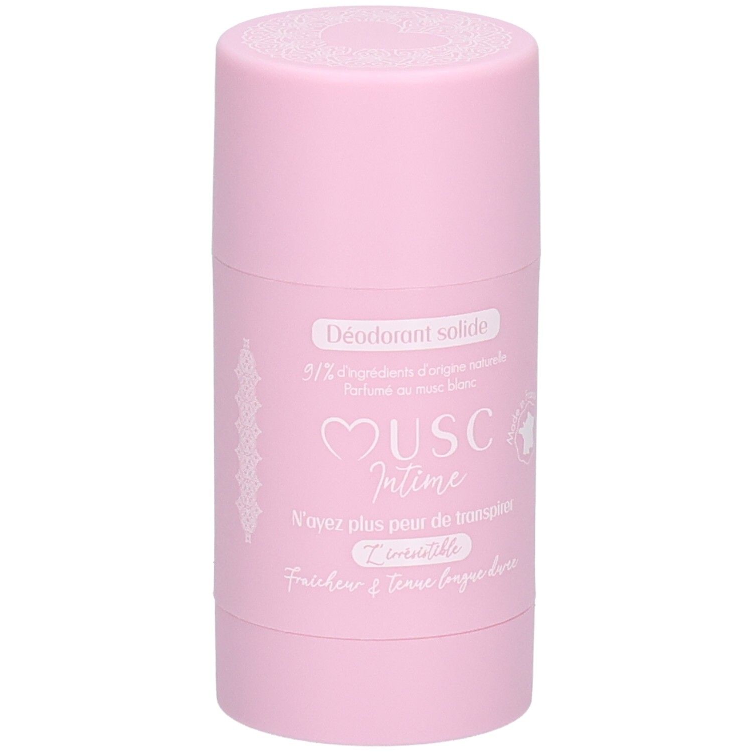 Rosa Deodorant-Stick. Aufschrift: Déodorant solide, Musc Intime, 90% Inhaltsstoffe natürlichen Ursprungs.