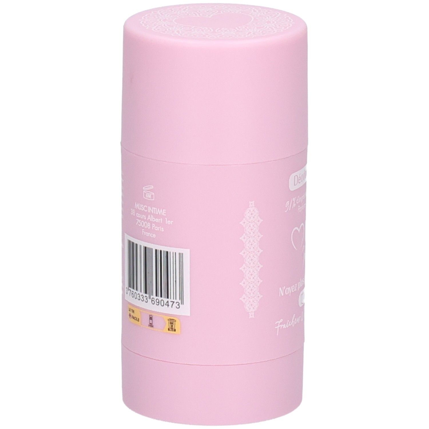 Rosa Deodorant-Stick. Aufschrift: Musc Intime, Adresse, Barcode, 50g. Goldene Auszeichnung.