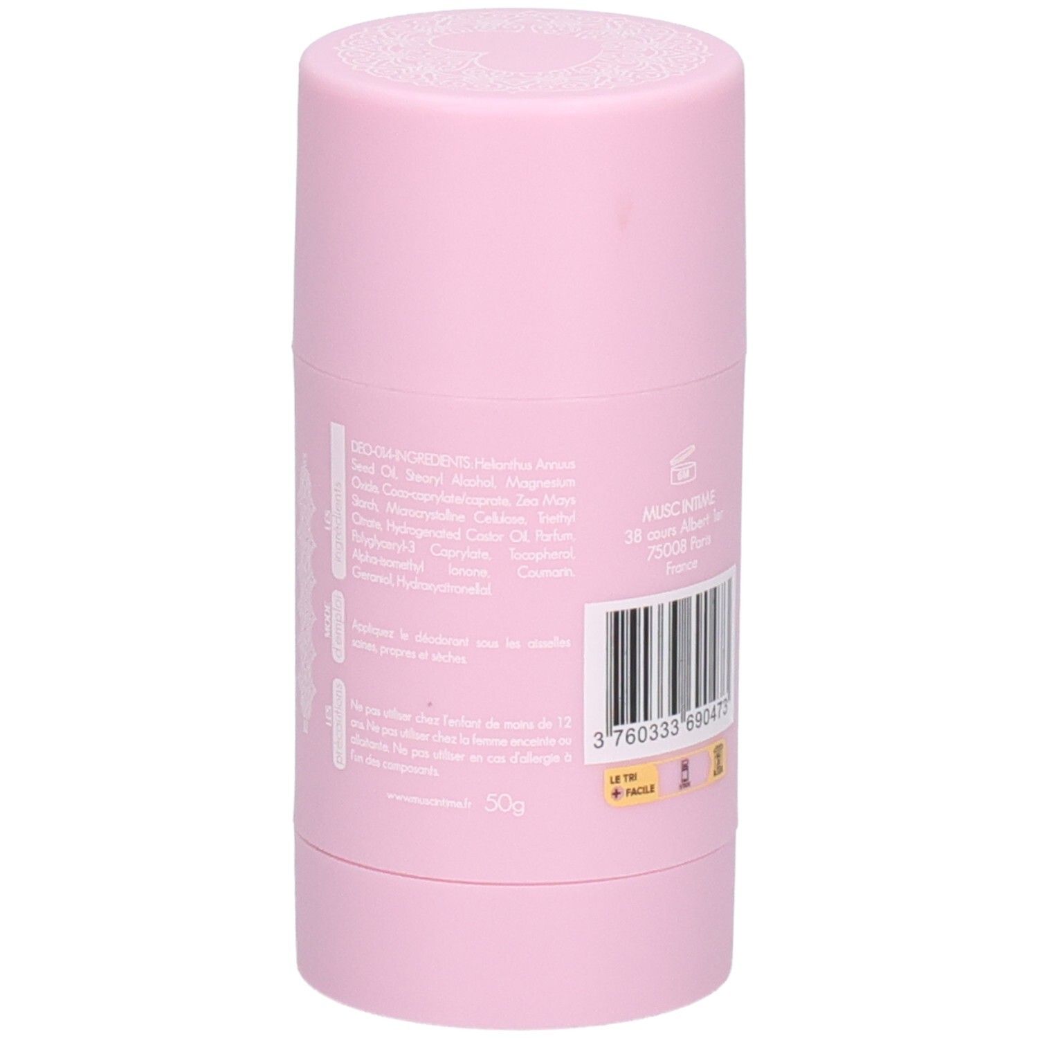 Rosa Deodorant-Stick. Rückseite mit Text in mehreren Sprachen. Goldene Auszeichnung.