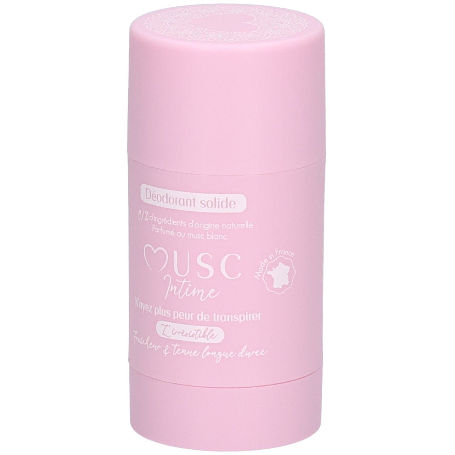 Rosa Deodorant-Stick. Aufschrift: Déodorant solide, Musc Intime, 90% Inhaltsstoffe natürlichen Ursprungs.