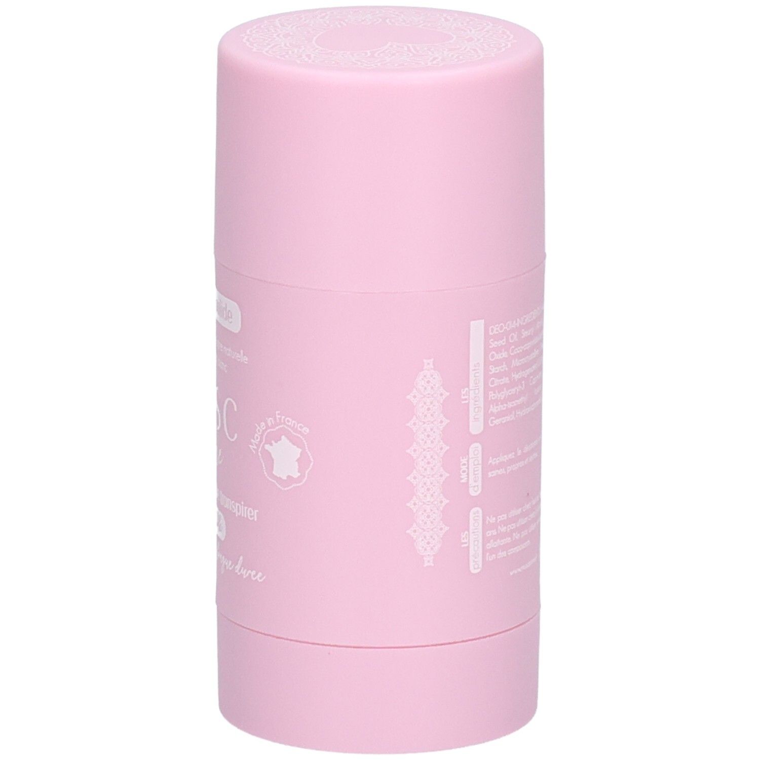 Rosa Deodorant-Stick. Rückseite mit Text und Inhaltsstoffen. Französische Flagge.