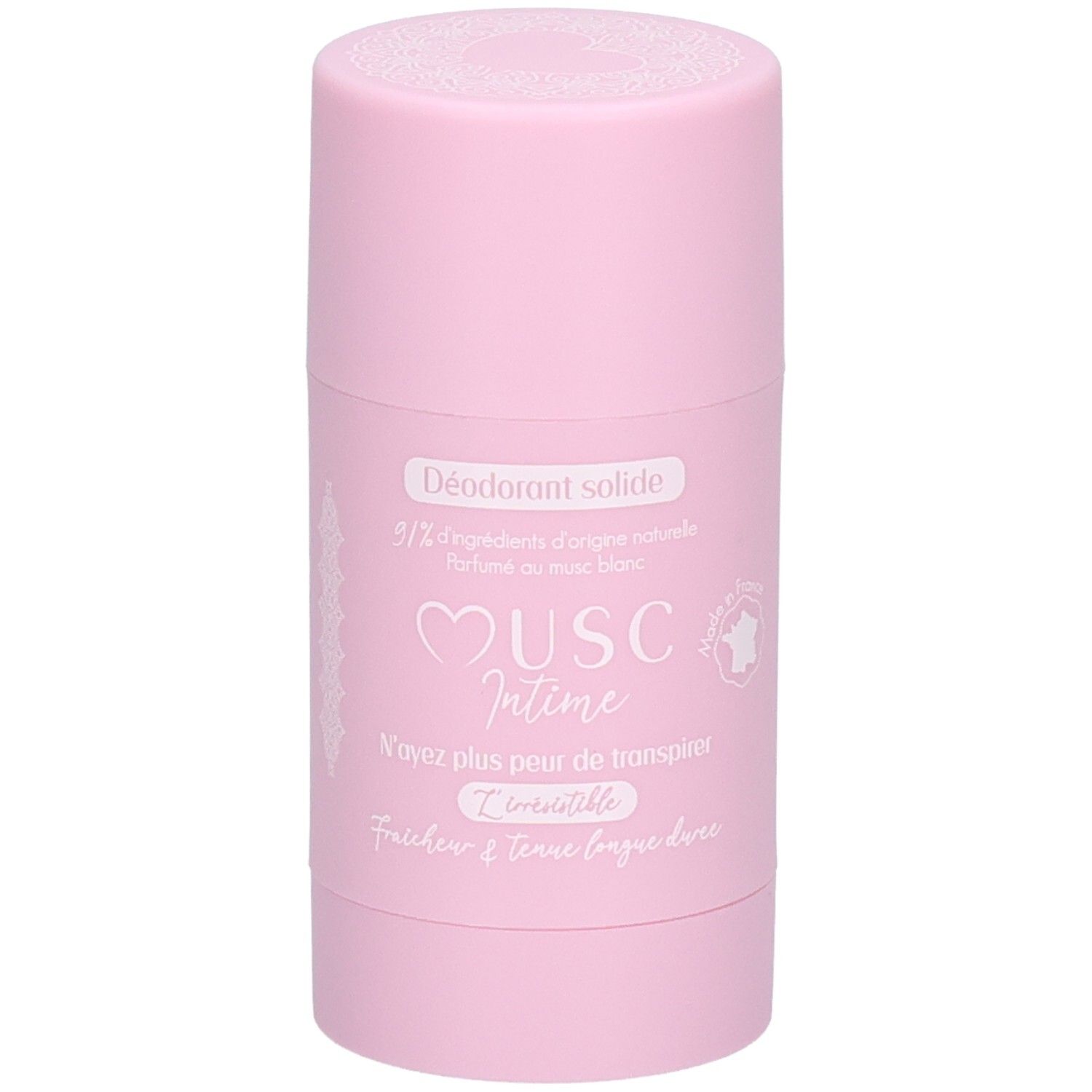 Rosa Deodorant-Stick. Aufschrift: Déodorant solide, Musc Intime, 90% Inhaltsstoffe natürlichen Ursprungs.