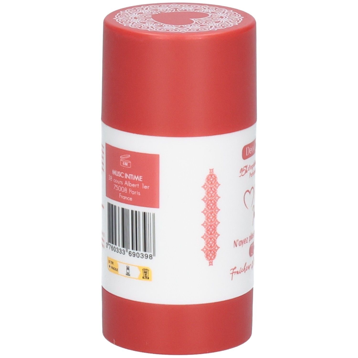 Roter Deostift, Rückseite mit Barcode und Adresse. Aufschrift: Musc Intime, Paris, Frankreich.