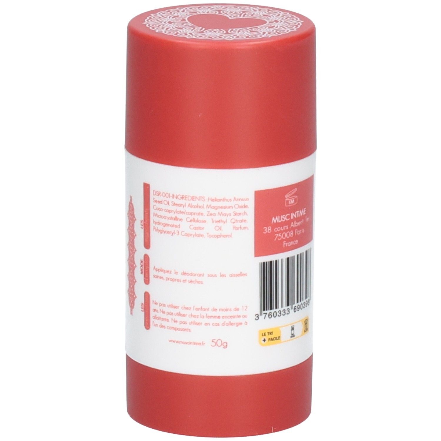 Roter Deostift, Rückseite mit Inhaltsstoffen und Anwendungshinweisen. Aufschrift: Musc Intime, 50g.