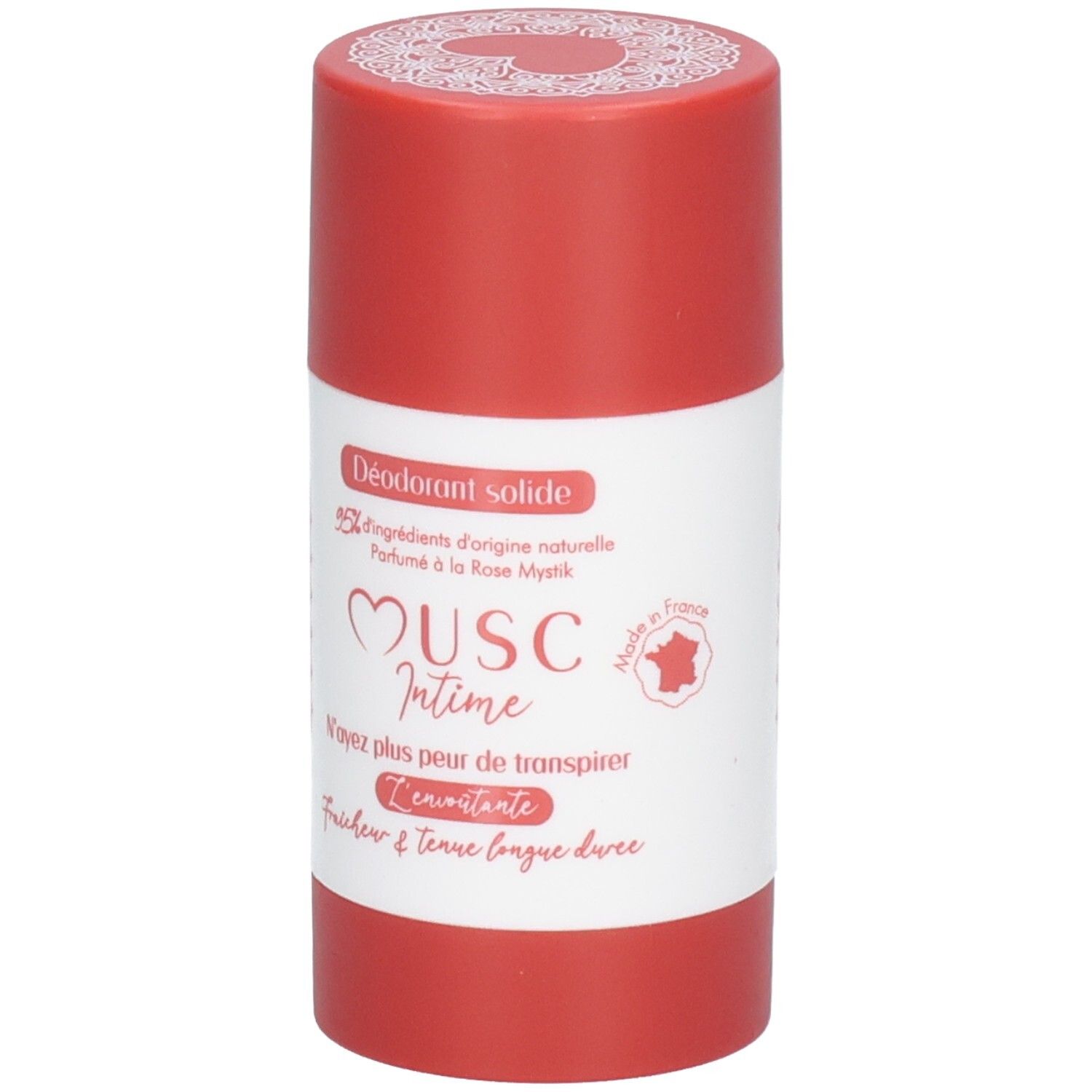Roter Deostift mit weißem Etikett. Aufschrift: Musc Intime, Deodorant solide. Hergestellt in Frankreich.
